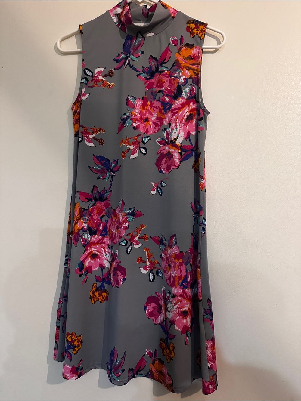 Mock Neck Floral Midi Dress in Gray with Pink Floral
